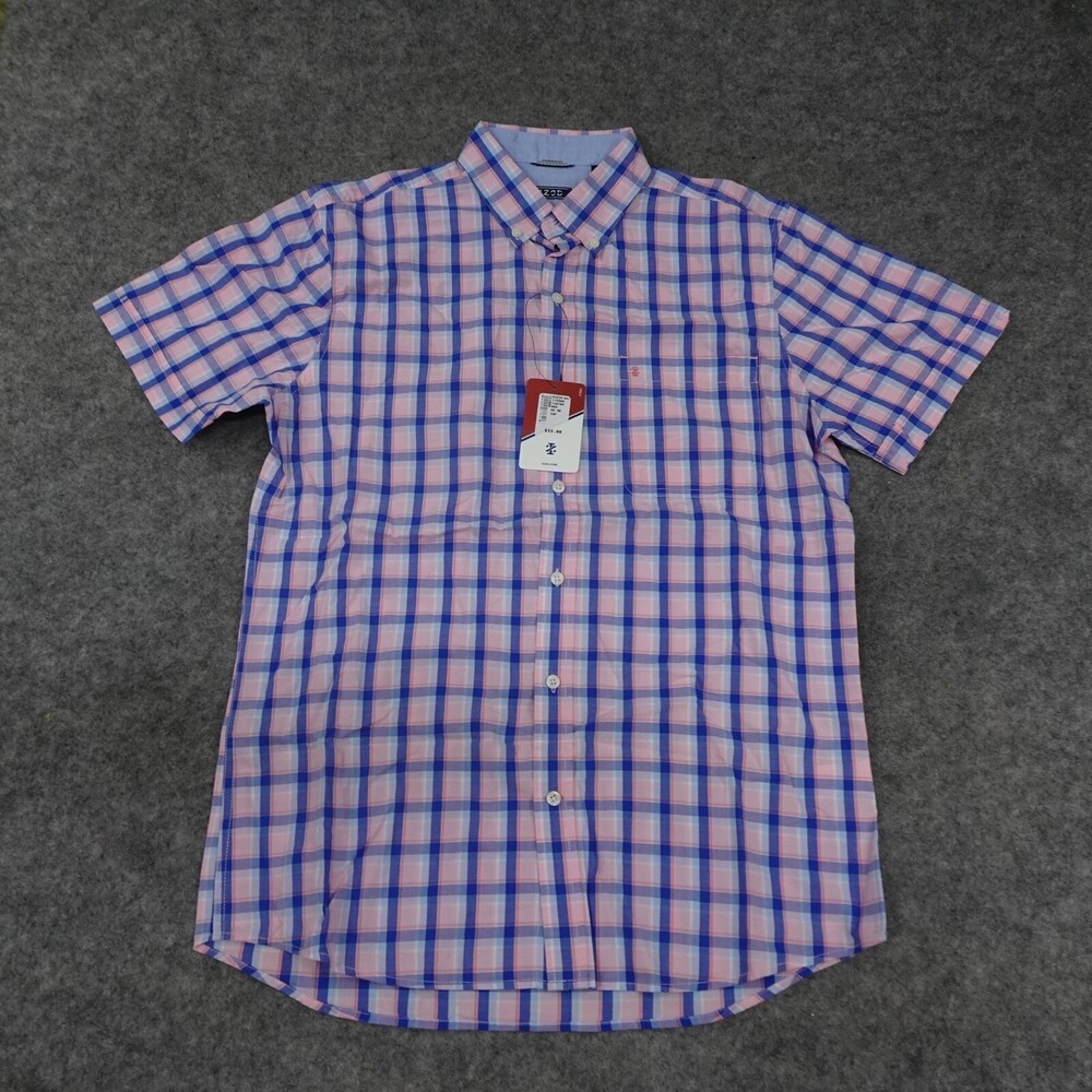 IZOD Shirt Mens Medium Button Up Pink Short Sleeve Regular Fit Cotton Plaid Golf